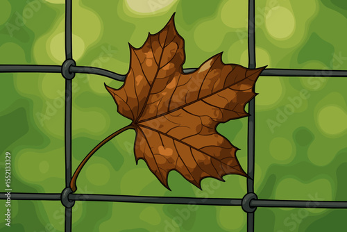 Withered Brown Autumn Leaf Stuck on Wire Fence with Soft Green Blurred Background. Fallen Maple Leaf, Nature Contrast, Seasonal Change, Outdoors, Vector Cartoon Illustration, No Text