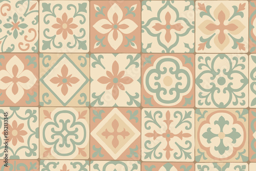 Vintage pastel decorative concrete tile seamless pattern. Ornate floral geometric motifs, retro Mediterranean mosaic, Spanish Portuguese ceramic, vector background, interior wall floor design