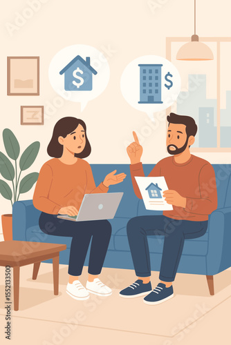 Young couple discussing home ownership versus renting, making financial decisions about real estate, comparing mortgage and rent options, modern apartment living, vector illustration, interior scene