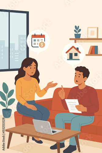 Young couple discussing home loan, rent payment, mortgage options, financial planning, real estate investment, apartment living, decision making, modern interior, vector illustration
