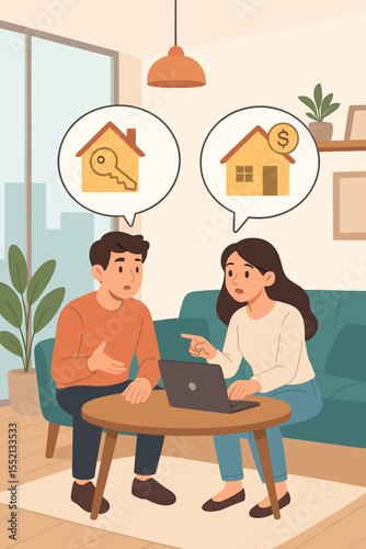 Young couple discussing home buying, renting, mortgage and real estate investment options in modern apartment interior, decision making, property search, financial planning, vector illustration