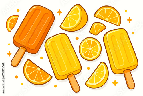 Vibrant citrus popsicles with orange and lemon slices. Refreshing summer ice cream bars. Bright cartoon vector illustration. Sweet fruity cold desserts on white background for food design