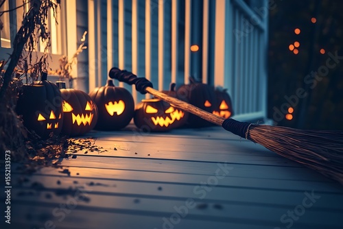 A witchâ€™s broomstick resting against a haunted house porch with flickering jack-oâ€™-lanterns.