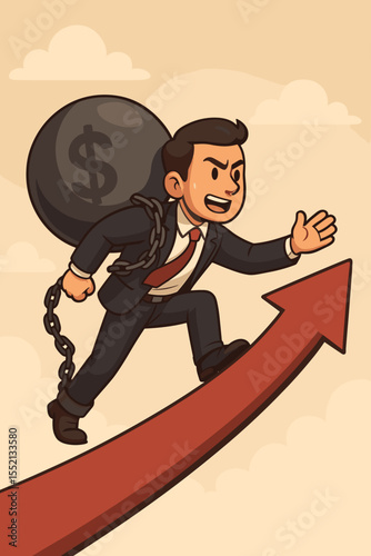 Businessman carries heavy debt burden, a money bag with dollar sign chained to him. Entrepreneur climbing a red growth arrow. Concept of financial struggle, loan, investment risk.