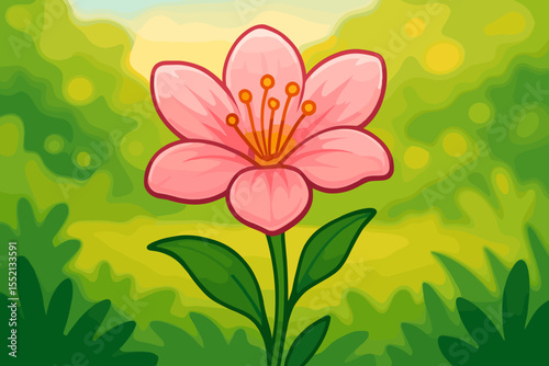 Cute pink flower cartoon vector. Simple single blossom with leaves on a blurred nature background. Floral design for spring or summer. Isolated botanical plant graphic for garden themes.