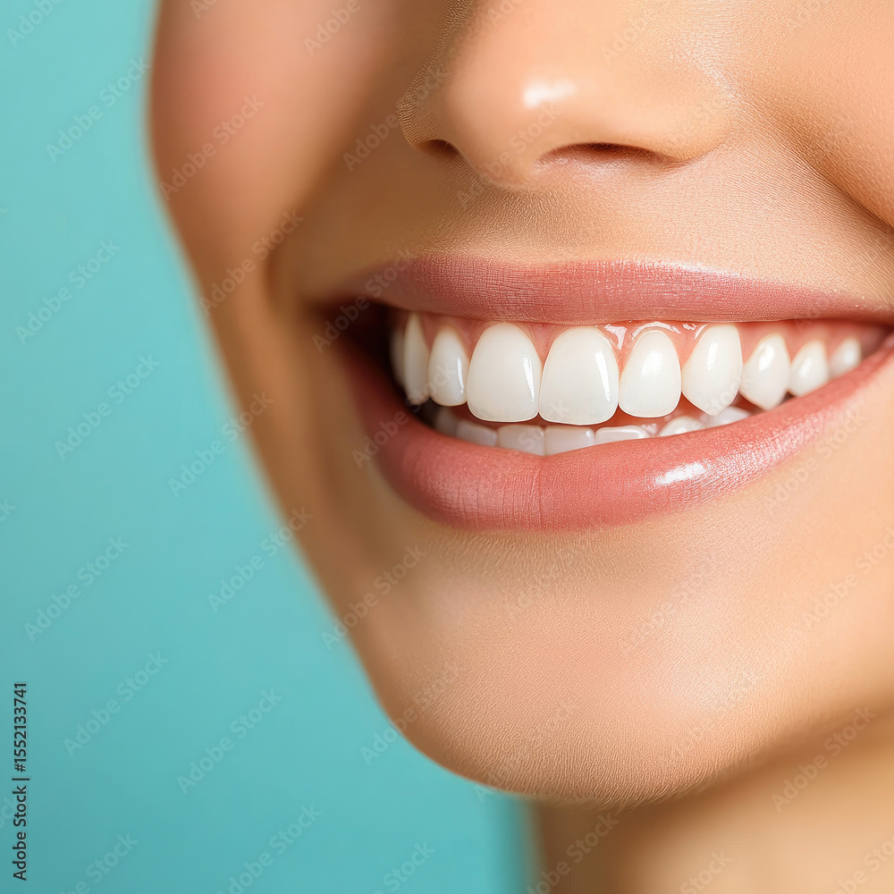 Obraz premium smile with perfect white teeth against blurred teal