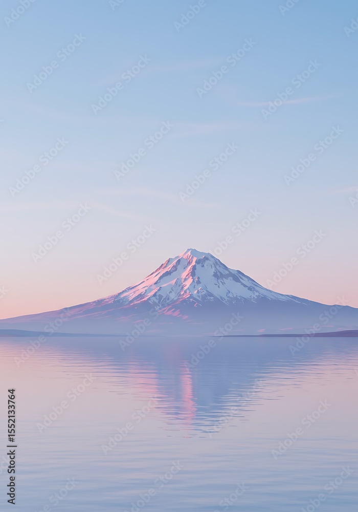 Fototapeta premium Majestic Snow-Capped Mountain Reflects Serene Water Under Pale Blue Sky
