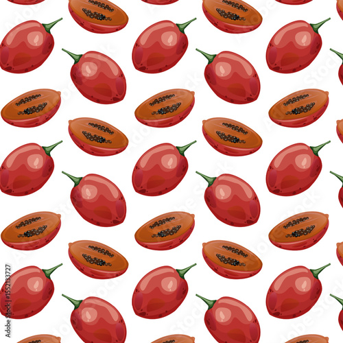 Seamless pattern tamarillo. Exotic tropical tomato tree fruit. For food blogs or recipe websites, packaging, catalogs or educational posters, menus, printables and teaching materials