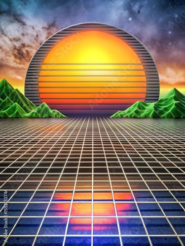 Synthwave Sunset Landscape A Retro Futuristic Vision A Nostalgic Journey Back to the 1980s with a Modern Artistic Flare
