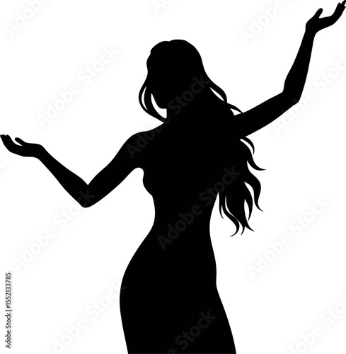 Woman with long hair raising hands silhouette vector illustration