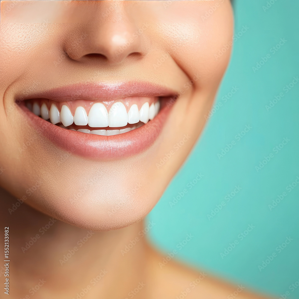 Obraz premium smile with perfect white teeth against blurred teal
