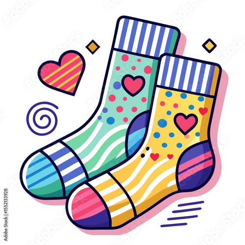 Vibrant and playful socks adorned with hearts and patterns