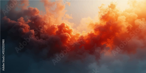 Dramatic orange and red clouds paint the sky over a dark forest, a fiery sunset embracing nature's stormy beauty
