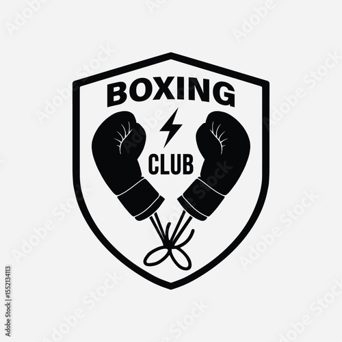 Boxing Club Emblem with Gloves and Lightning Bolt – Monochrome Sports Logo Vector