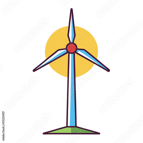 Stylized wind turbine generating clean energy against a yellow sun