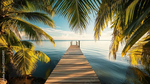 A wooden pier extending into a calm tropical ocean, surrounded by palm trees.