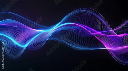 Abstract neon blue and purple wave lines flowing smoothly over a deep black background for futuristic designs.