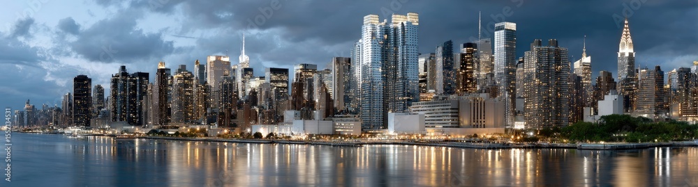 Fototapeta premium Skyscrapers glow under a dark purple sky, highlighting the vibrant nightlife and urban energy of the bustling city after sunset
