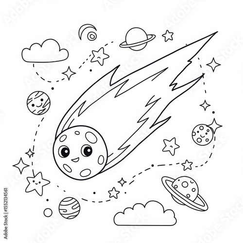 Cartoon comet flying through space with planets and stars for coloring pages  
