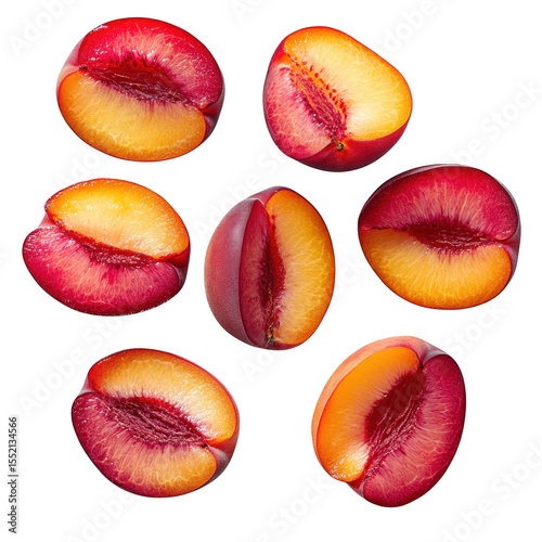 Red plum halves isolated on transparent background