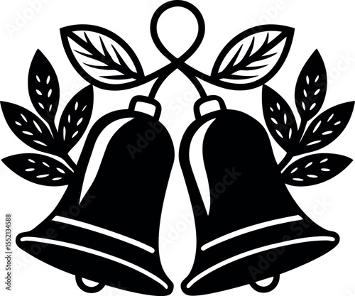 Two christmas bells with leaves decoration silhouette vector illustration