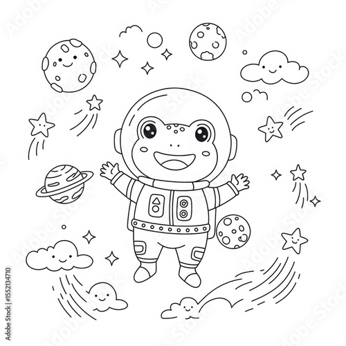 Children's astronaut character coloring pages surrounded by planets  