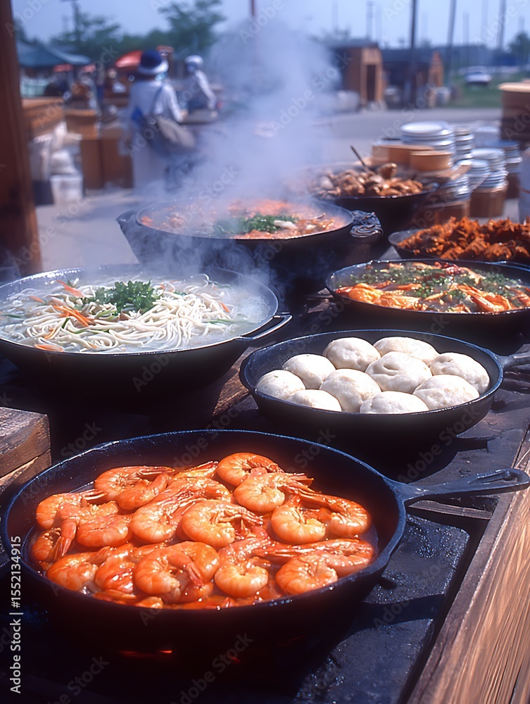 Outdoor food stalls with various dishes Outdoor food stalls with various dishes