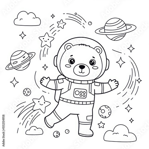 Astronaut bear character in space with stars and planets for coloring pages  