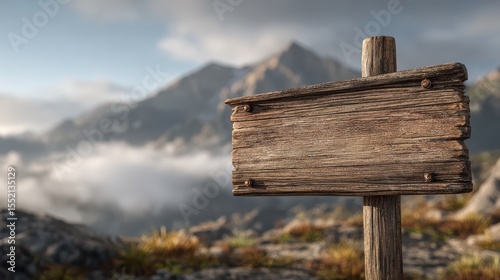 Wooden sign post isolated on village path with white clouds and mountain Direction concept. Mock up, template