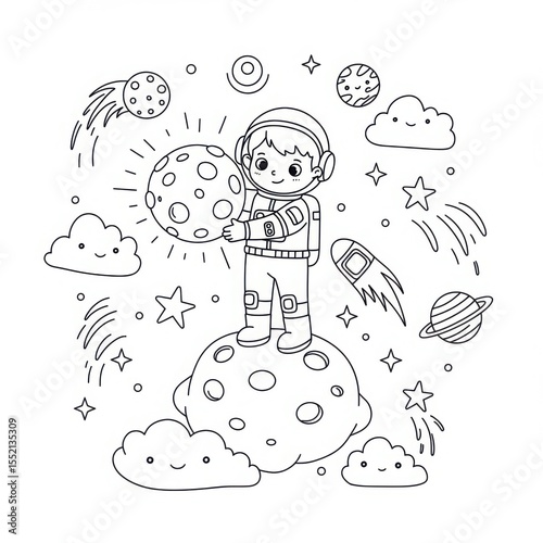 Child astronaut holding planet on moon with stars and clouds background  