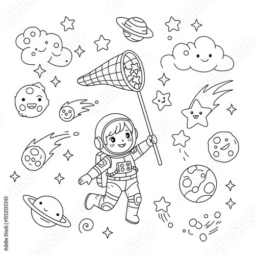 Astronaut child catching stars with net in outer space coloring page  