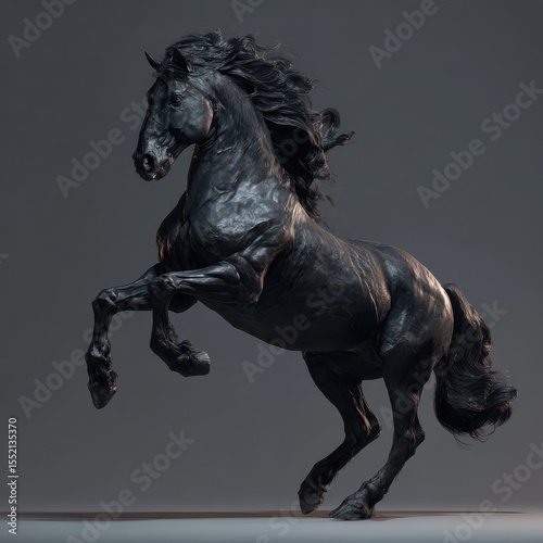 Captivating 3D artwork depicting a majestic black stallion in a dynamic pose, exuding strength and grace.