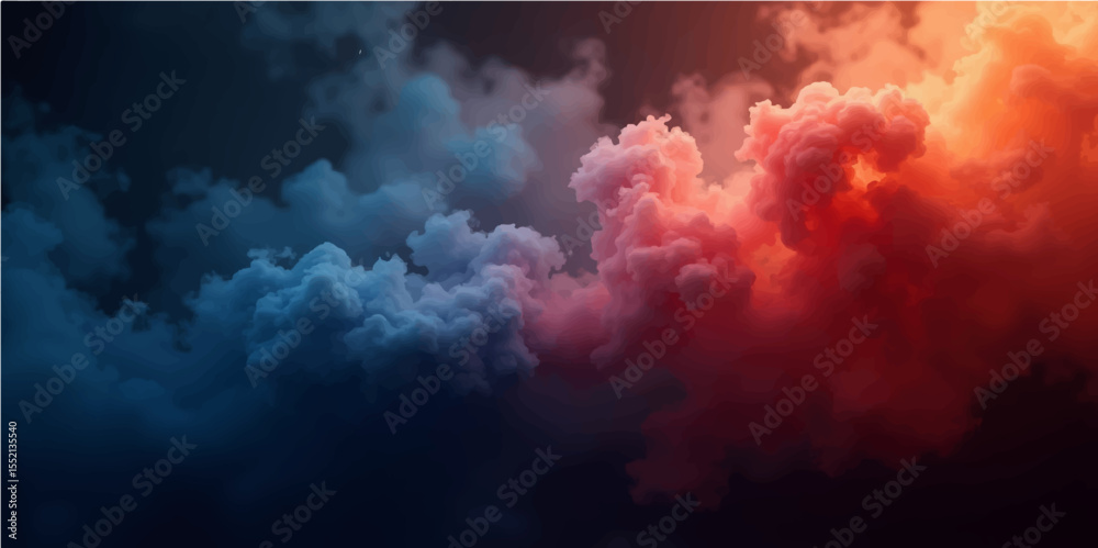 Naklejka premium Explosion of fire and smoke against a dramatic blue sky with dark, cumulus clouds
