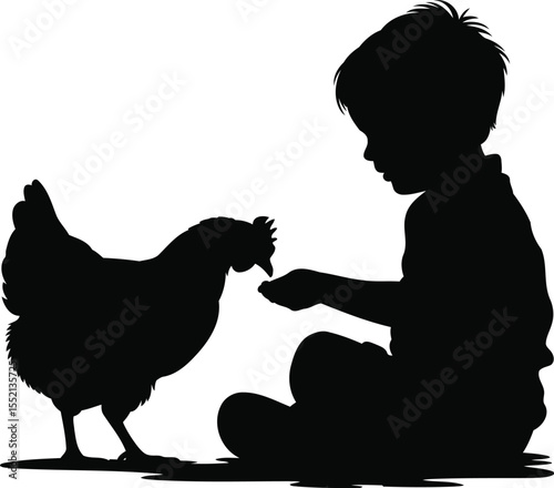 Silhouette of a Boy Feeding a Chicken, Transparent Background.