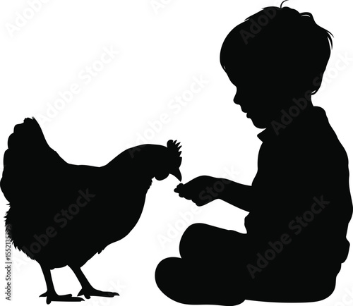 Silhouette of a Child Feeding a Chicken, Transparent Background.