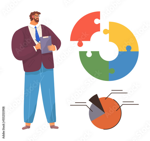 Professional man holding clipboard near segmented pie chart and puzzle infographic. Ideal for business strategy, data visualization, teamwork, growth concept, market analysis, decision-making, simple