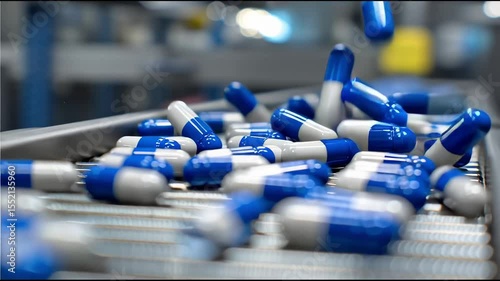 Blue and white capsules arranged on a metallic conveyor belt, suggesting pharmaceutical production or medication packaging.