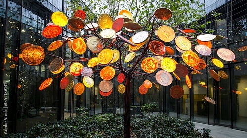 Neon tree sprouting coins as leaves in a surreal business park