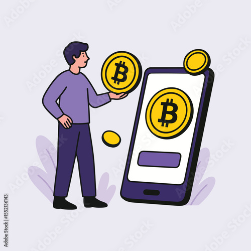 Man Holding Bitcoin Coin with Smartphone App Illustration