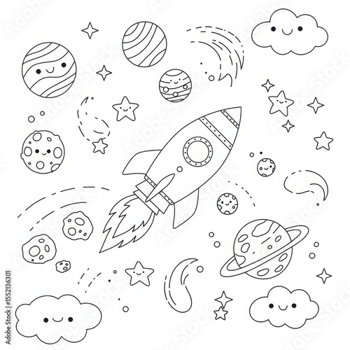 Cartoon rocket flying through space with planets and stars coloring page  