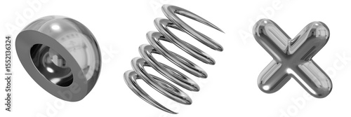 3D Chrome Metallic Abstract Shape Objects, 3d rendering steel gradient shape design element, futuristic, shiny design