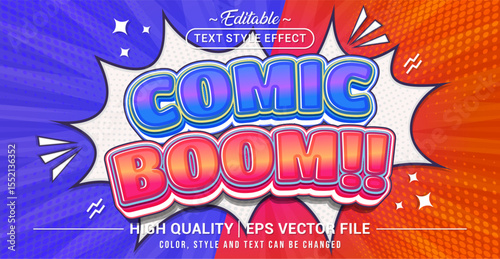 Editable text effect vector with Comic Boom! theme in bold cartoon 3D style – perfect for comic book designs, kids’ party invitations, superhero graphics, and pop art posters