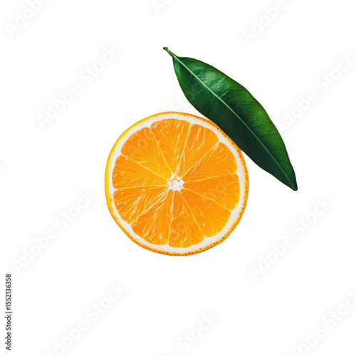 Juicy orange slice with leaf isolated on transparent background