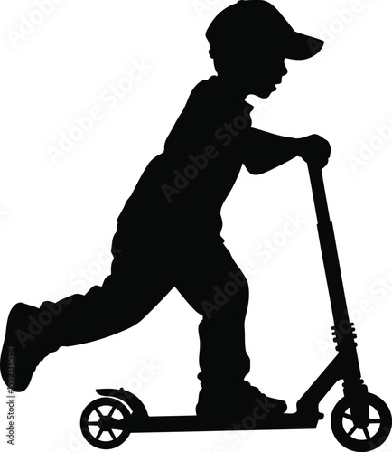 Silhouette of a Child Riding a Scooter, Transparent Background.