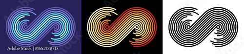 Set of abstract minimalist retro infinity geometric shapes, colorful vintage stripes background or logo, graphic asset for creative cover with lines, curve, circle