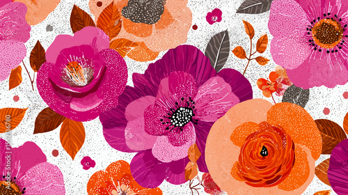 Abstract, seamless floral patterns burst with colorful blossoms, capturing the beauty of nature's spring and summer gardens