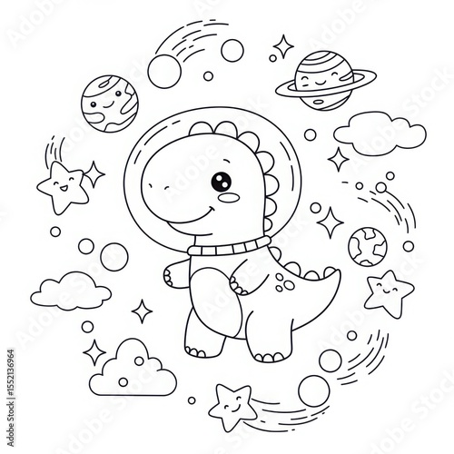 Dinosaur astronaut coloring page in outer space with planets and stars  