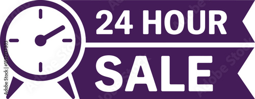 Eye Catching 24 Hour Sale Advertisement with Clock Icon and Bold Typography in Purple and White Design