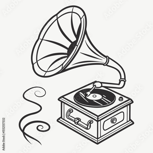 Vintage gramophone with horn and record player in line art style  