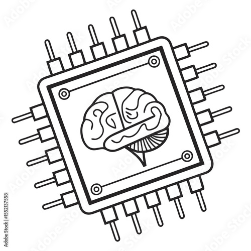 Computer chip with brain illustration in minimalist line art style  